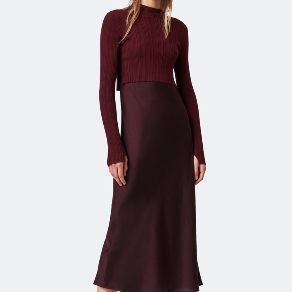 All Saints Karla 2-in-1 slip dress  Bordeaux red & fitted cropped ribbed sweater